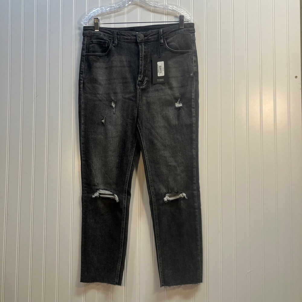 Risen Los Angeles High Rise Black‎ Skinny Jeans Distressed Ripped Hem 32/15 NEW